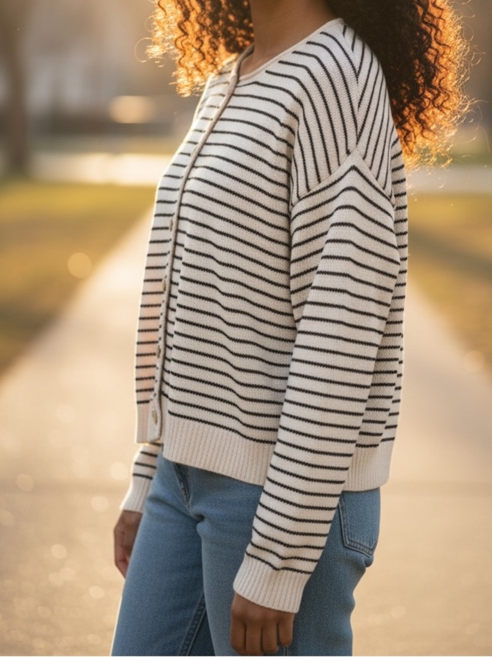 Striped Crewneck Cardigan — Cream & Black